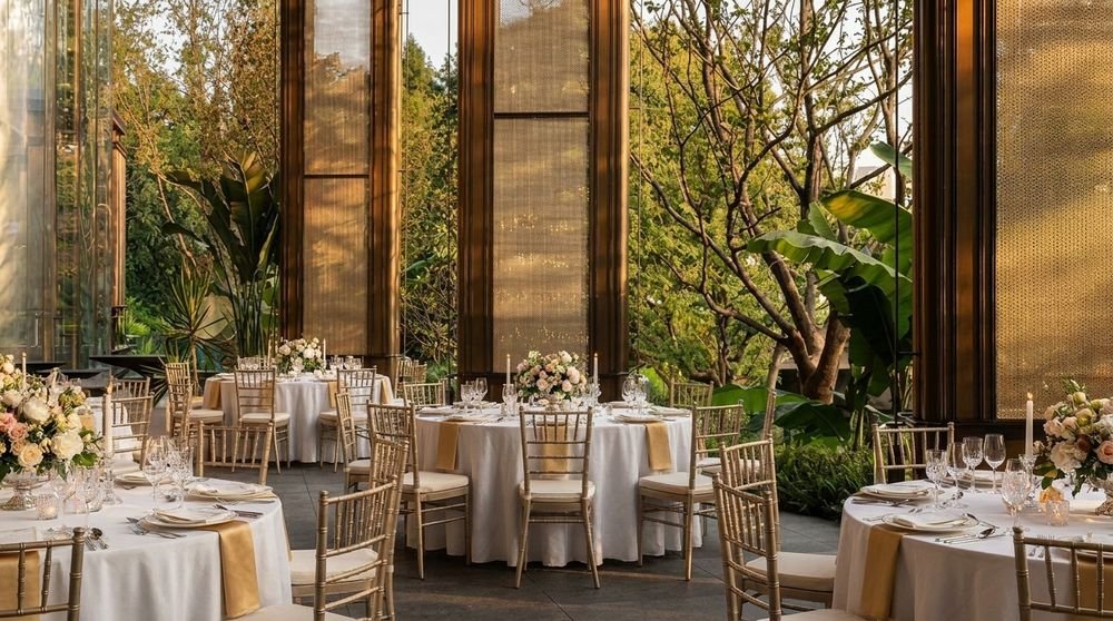 Banquet hall set for dinner