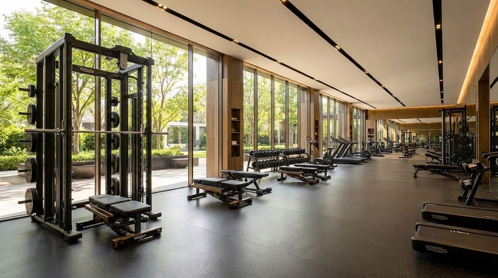 Gym with floor-to-ceiling windows facing trees