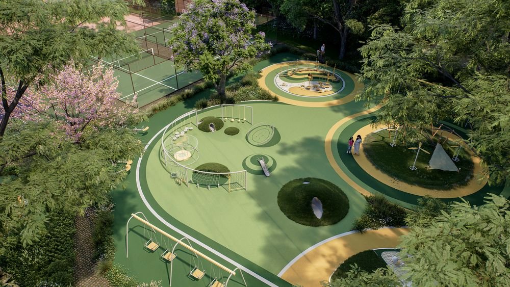 Children's play area with circular play zones