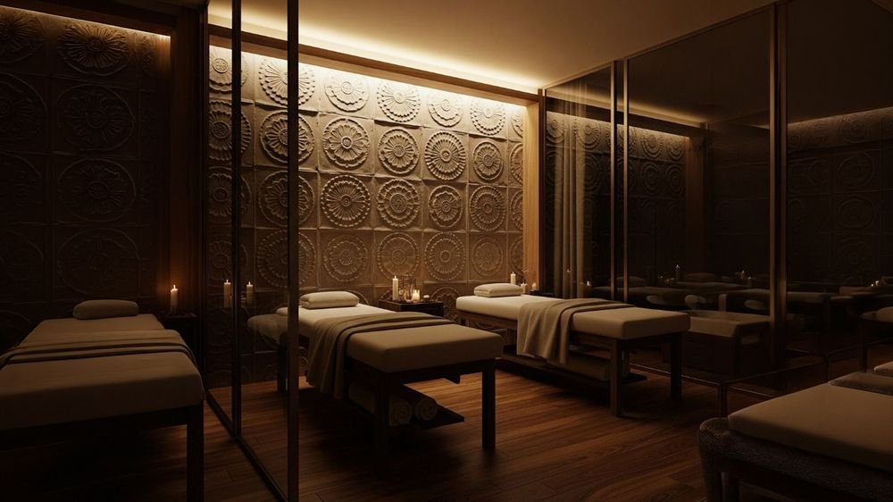 Spa treatment room with carved wall panels
