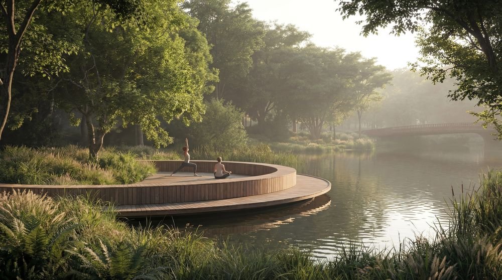 Circular timber yoga deck on the water