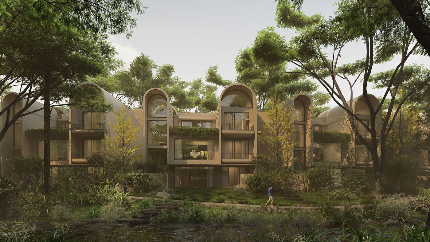 Villas behind a landscaped walking path