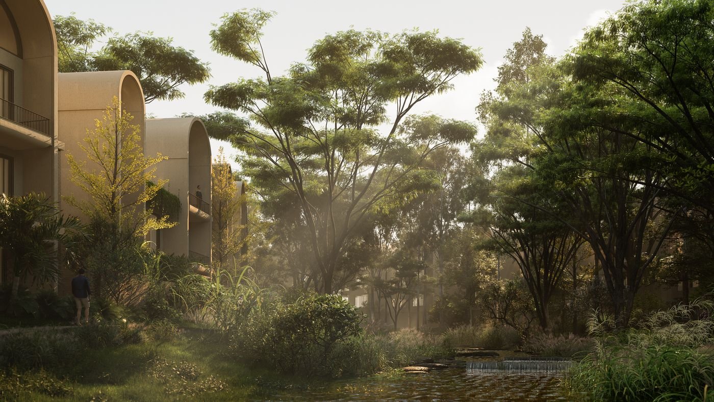 Villas among native trees in morning light