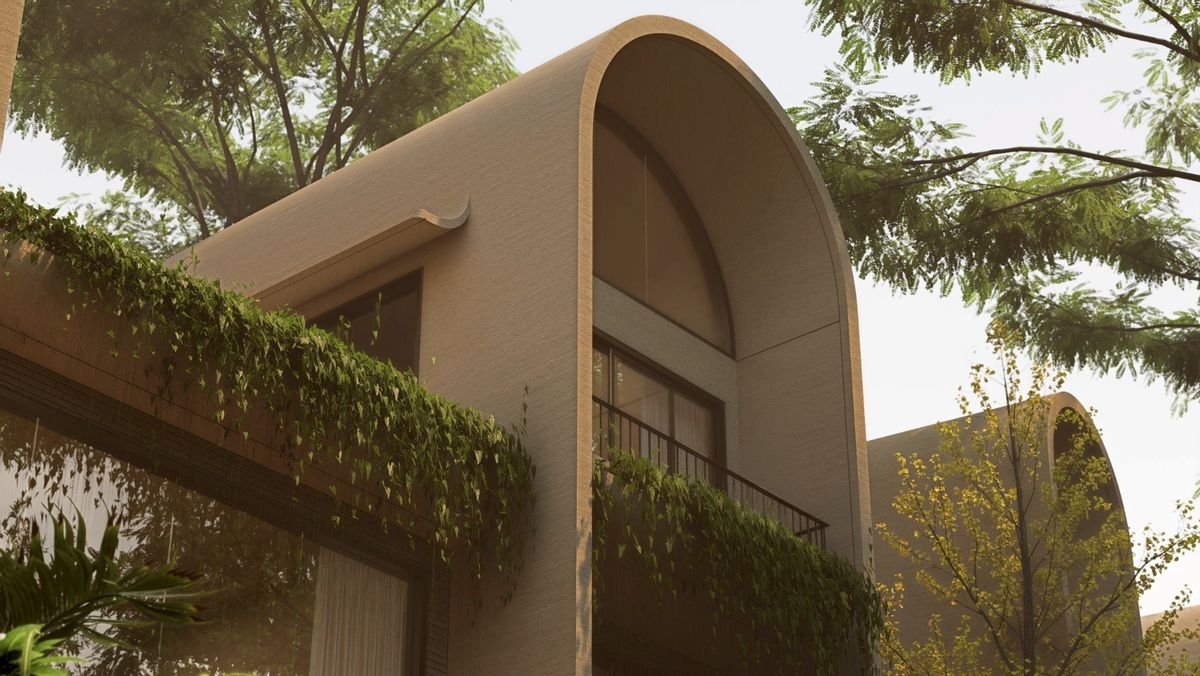 Curved arched roofline of a villa with hanging greenery