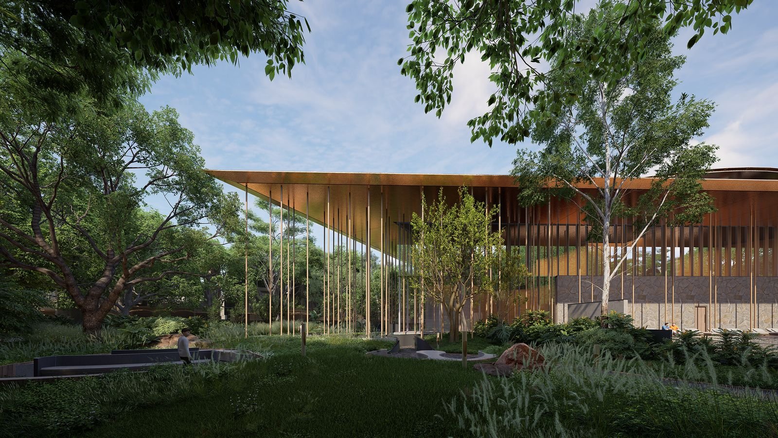 Villa clubhouse with a wide timber roof set among trees