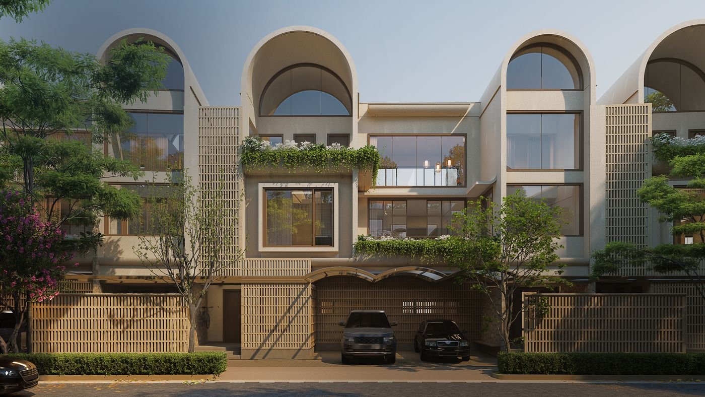 Front elevation of a three-level villa with arched upper windows and planted terraces