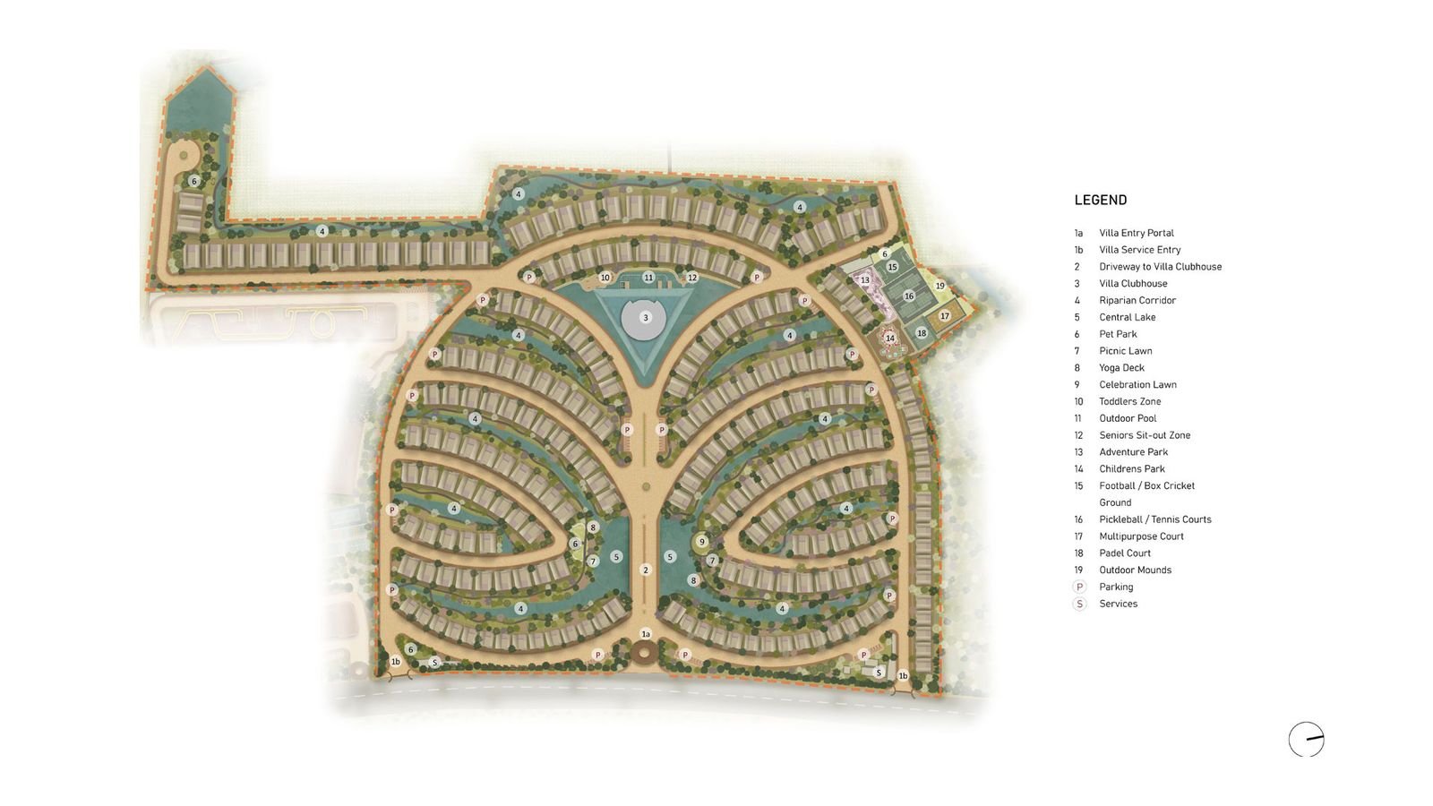 Villa master plan with fan-shaped clusters of villas around landscape corridors