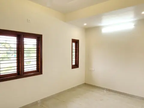 Bedroom with false ceiling and wooden-framed window, Villa 1
