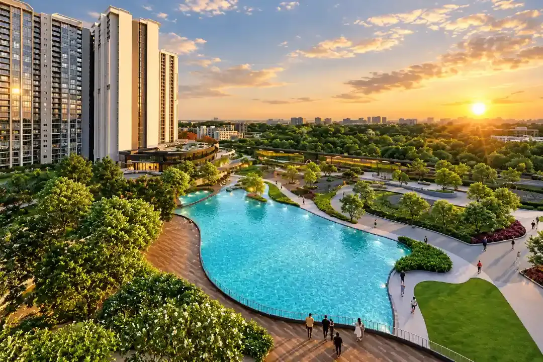 Aerial view of the swimming pool deck and landscaped gardens at Purva Northern Lights at sunset, KIADB North Bangalore