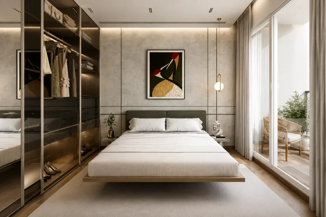 Apartment bedroom with a glass wardrobe and balcony, illustrative render, Purva Northern Lights