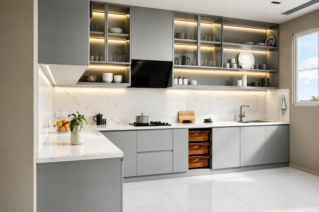 Modern apartment kitchen with marble backsplash and open shelving, illustrative render, Purva Northern Lights