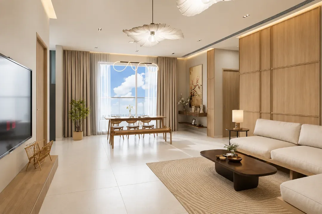 Living and dining room with wood panelling, illustrative render of a Purva Northern Lights apartment