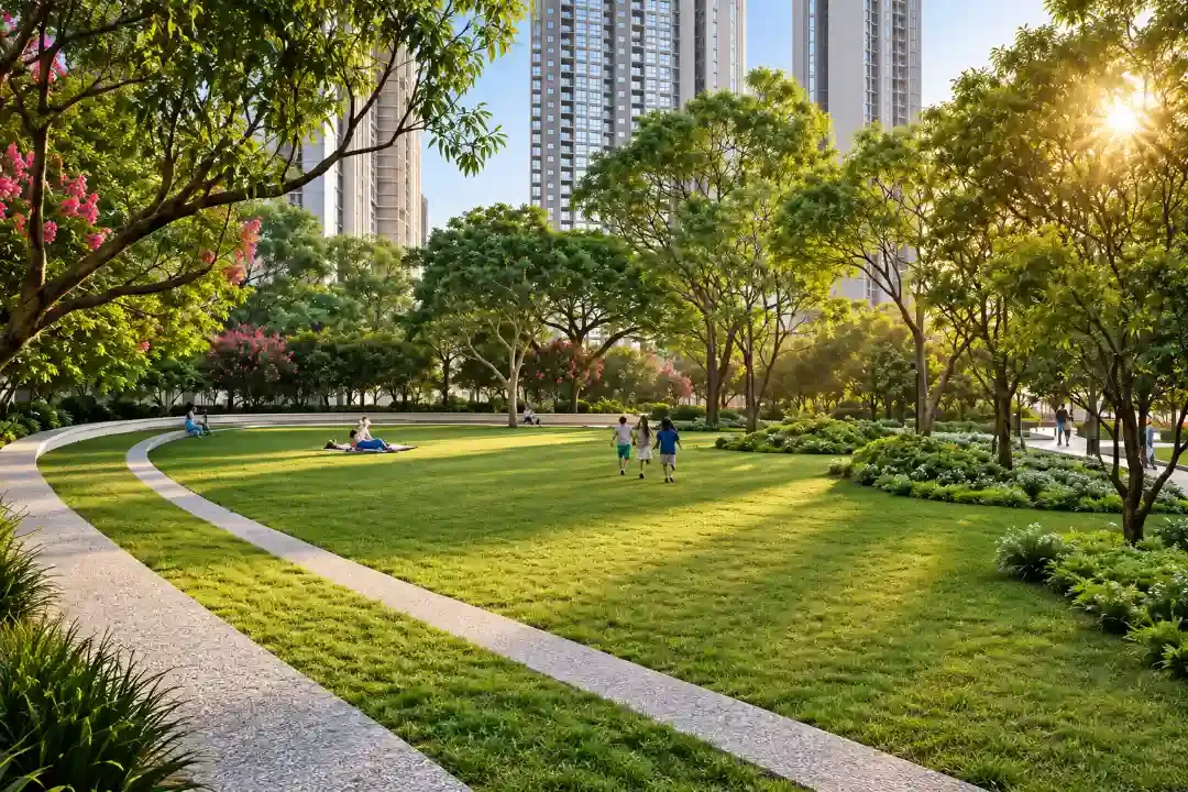 Open lawn with a curved walking path and mature trees in the Purva Northern Lights gardens