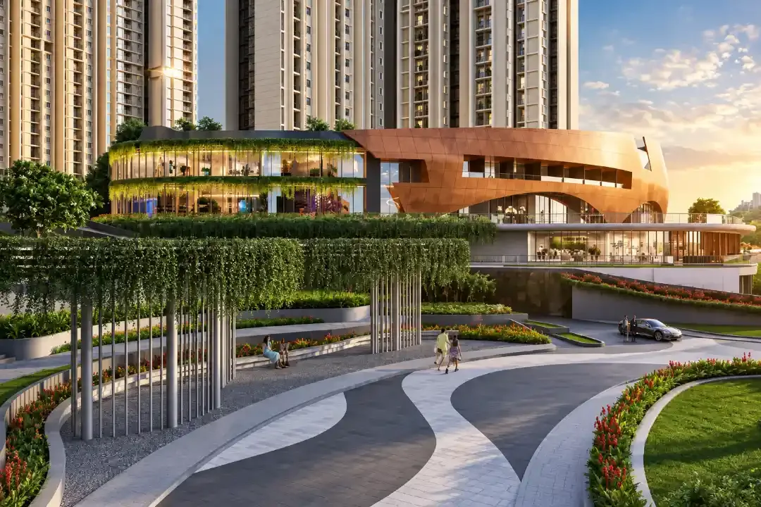 Purva Northern Lights clubhouse with a copper facade and vine-covered pergola at sunset, KIADB North Bangalore