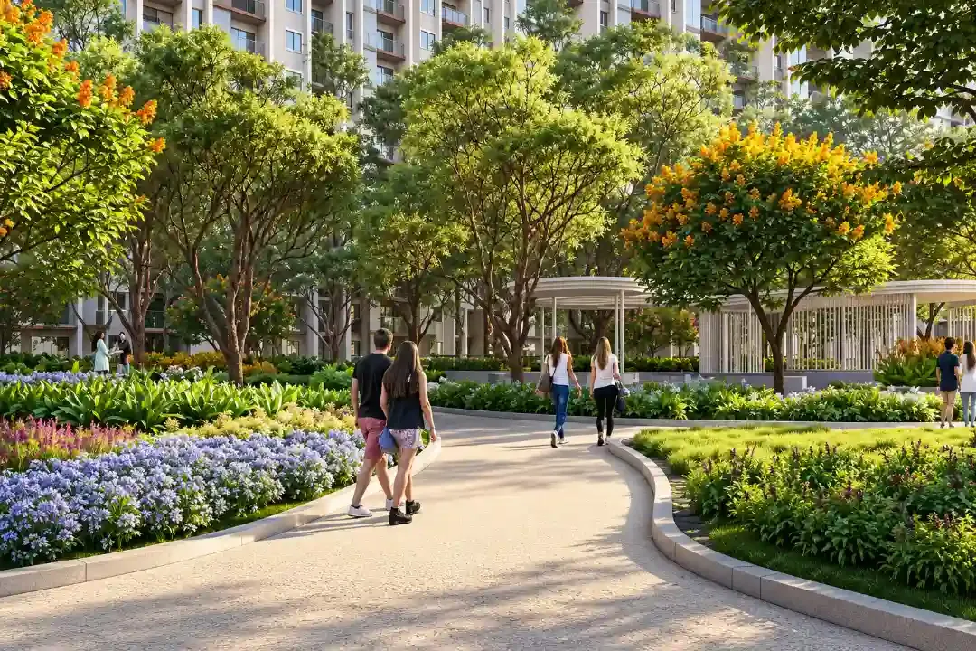 Flower-lined garden walkway at Purva Northern Lights, North Bangalore