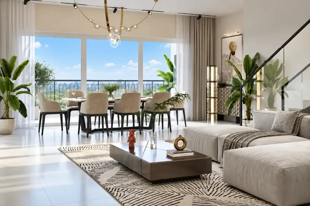 Living room opening to a balcony with green views, illustrative render of a Purva Northern Lights apartment