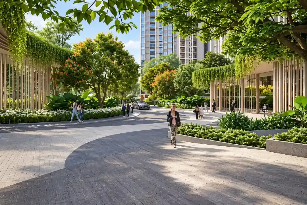 Landscaped entrance plaza with curving pedestrian paths at Purva Northern Lights, KIADB North Bangalore