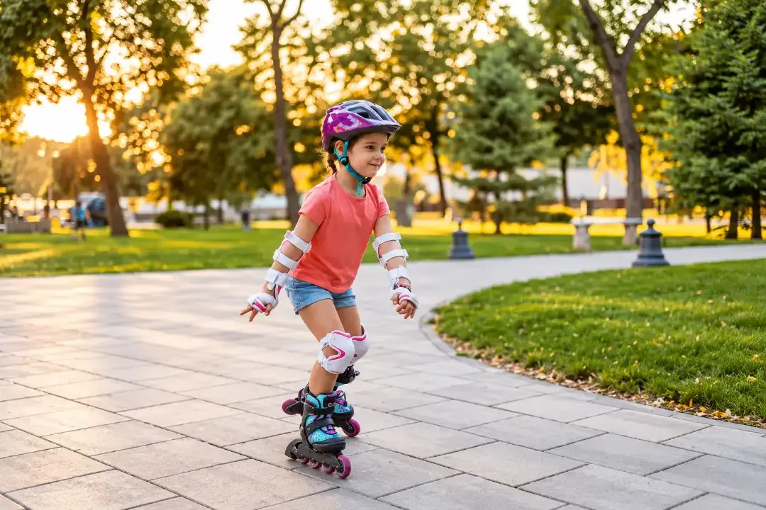 Child on inline skates on a paved path, skating area at Purva Northern Lights
