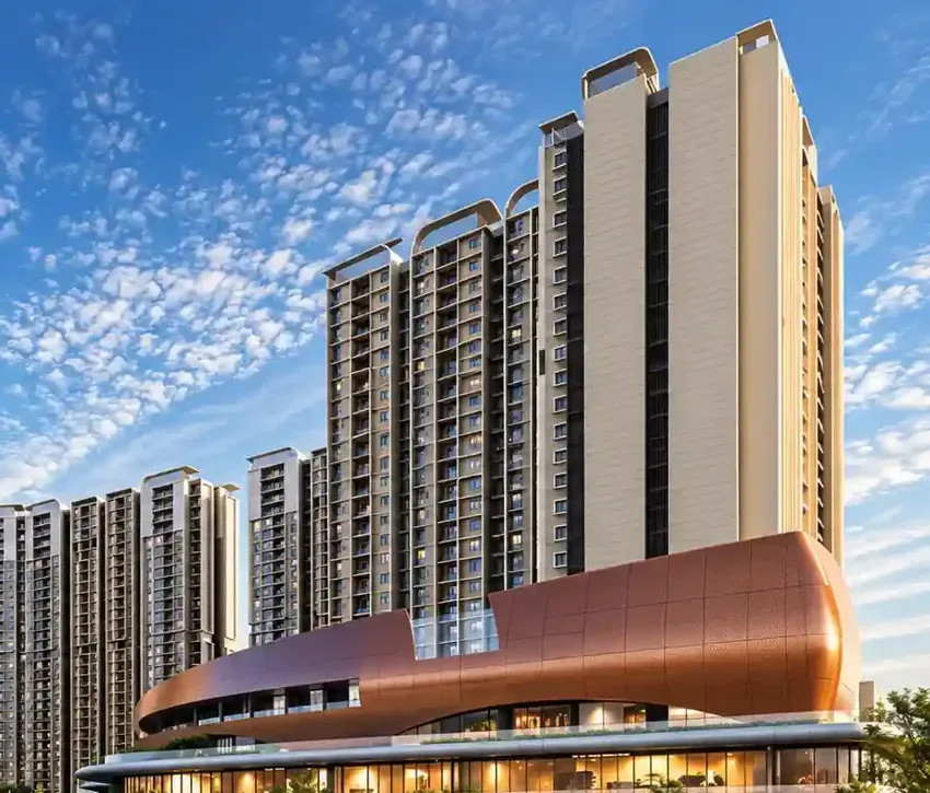 Purva Northern Lights residential towers beside the copper-roofed clubhouse in KIADB, North Bangalore