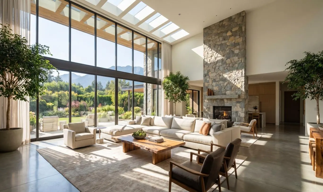 Indicative villa living room with garden view, an example of a home you can build on a Sobha Sacred Grove plot