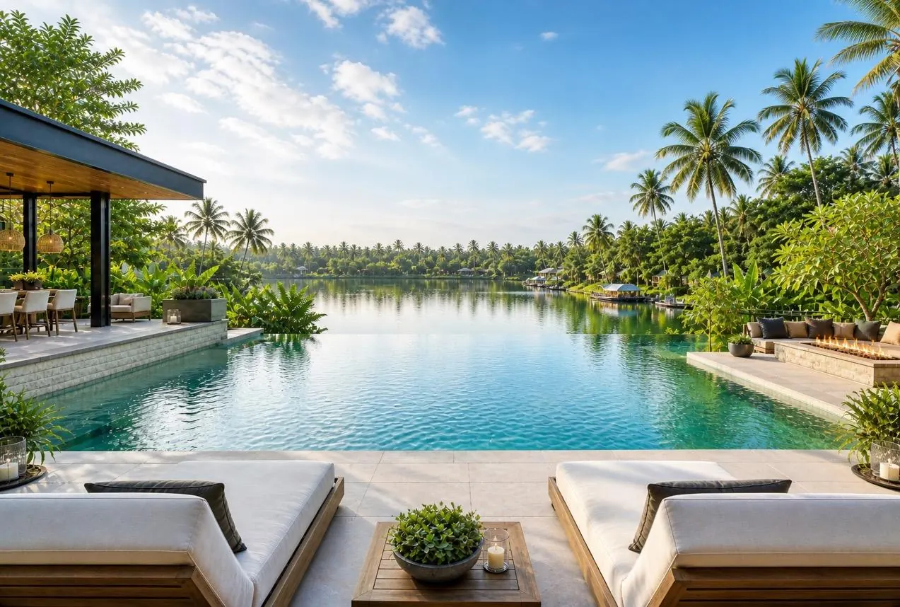 Lakeside clubhouse and swimming pool at Sobha Sacred Grove by the Lake plots, Chikka Tirupathi, East Bangalore
