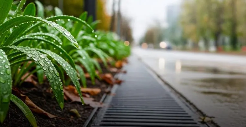 Roadside stormwater drain with landscaping, indicating the drainage system planned for Sobha Sacred Grove plots