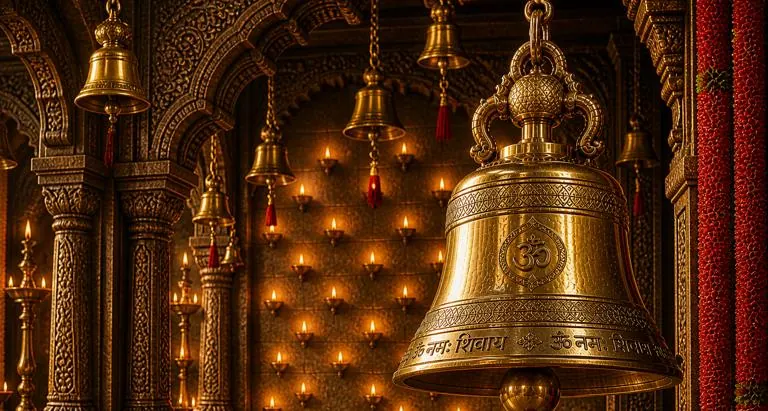 Temple bell and lamps representing the planned temple at Sobha Sacred Grove, Chikka Tirupathi