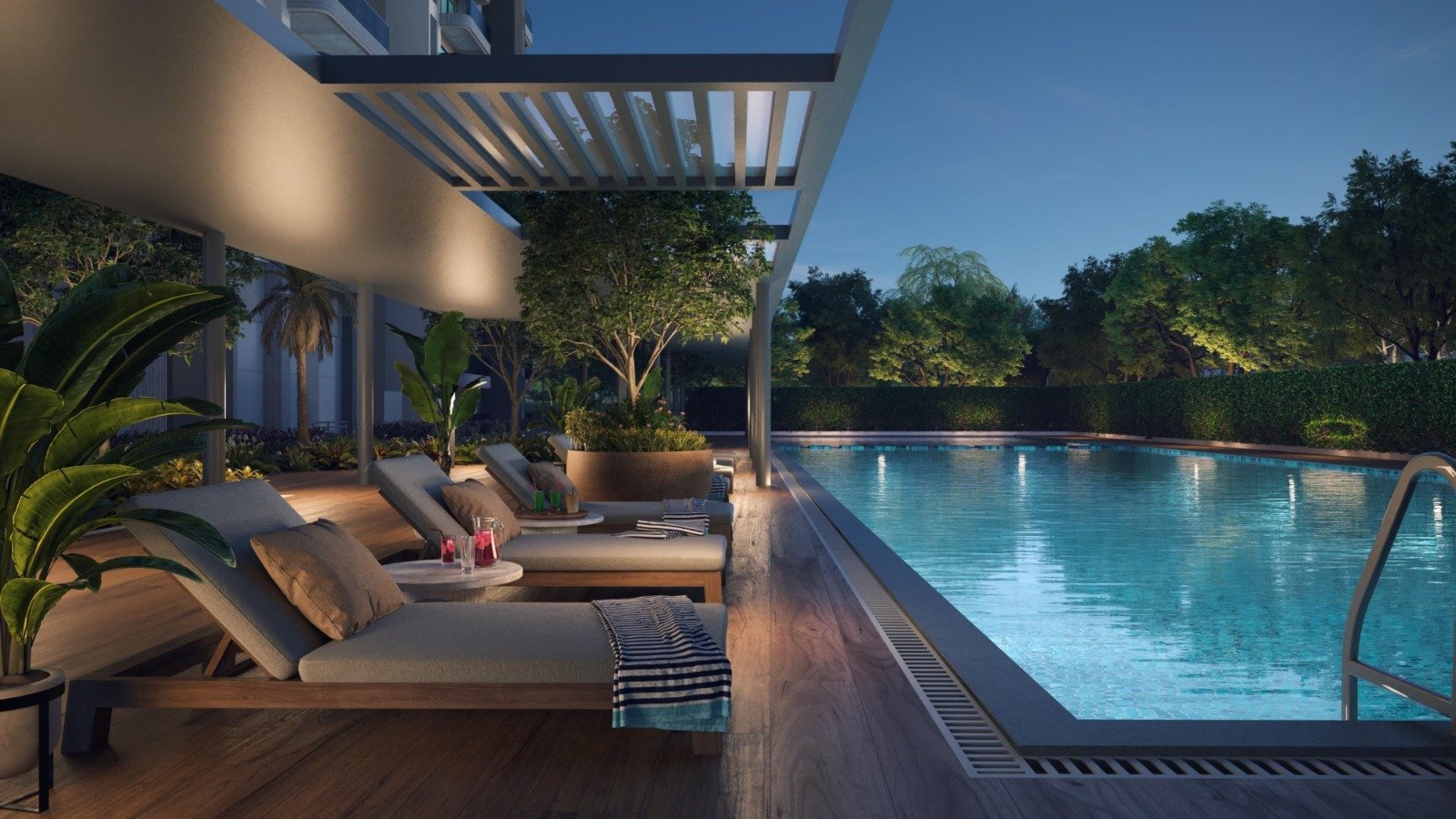 Solcrest swimming pool and deck at dusk (artist's impression)