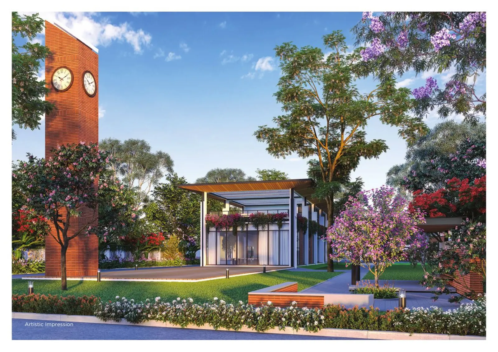 Artistic impression of the clock tower and clubhouse at Provident Deansgate, IVC Road, Bengaluru