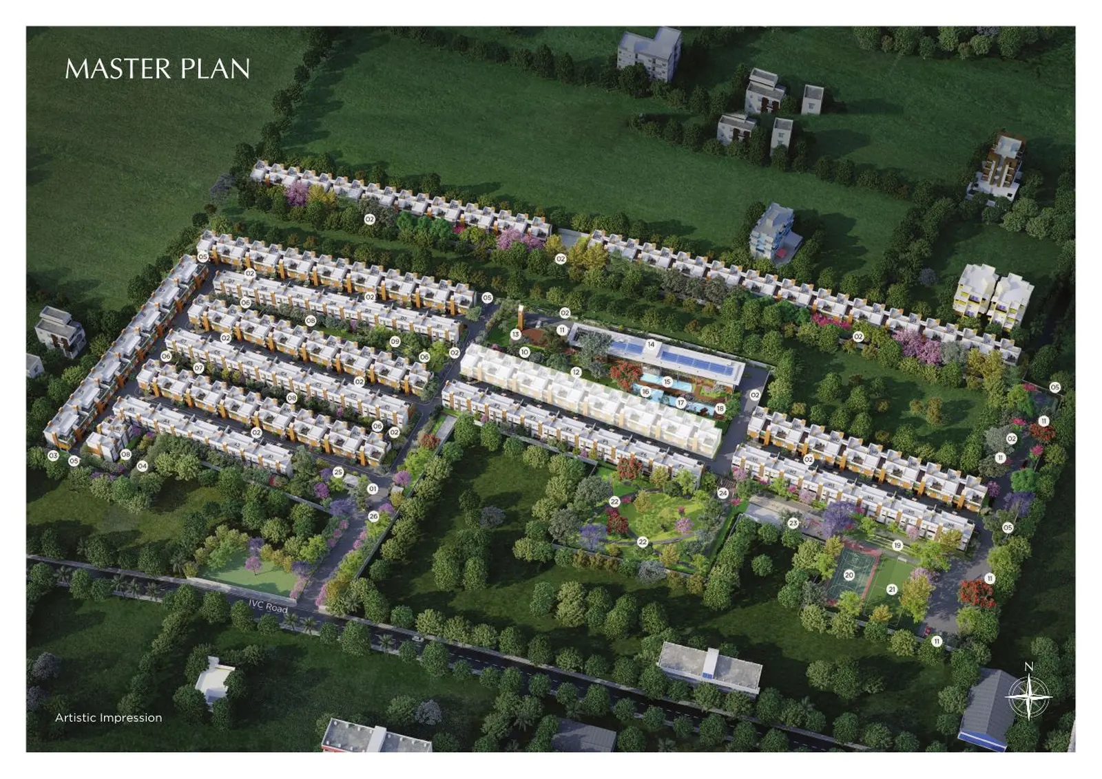 Aerial master plan of Provident Deansgate showing villament blocks, clubhouse and landscaped greens