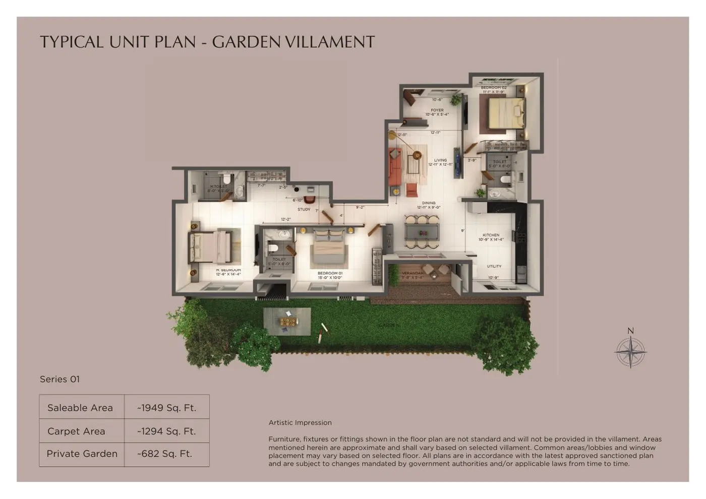 Type 1 garden villament unit plan, about 1,949 sq ft