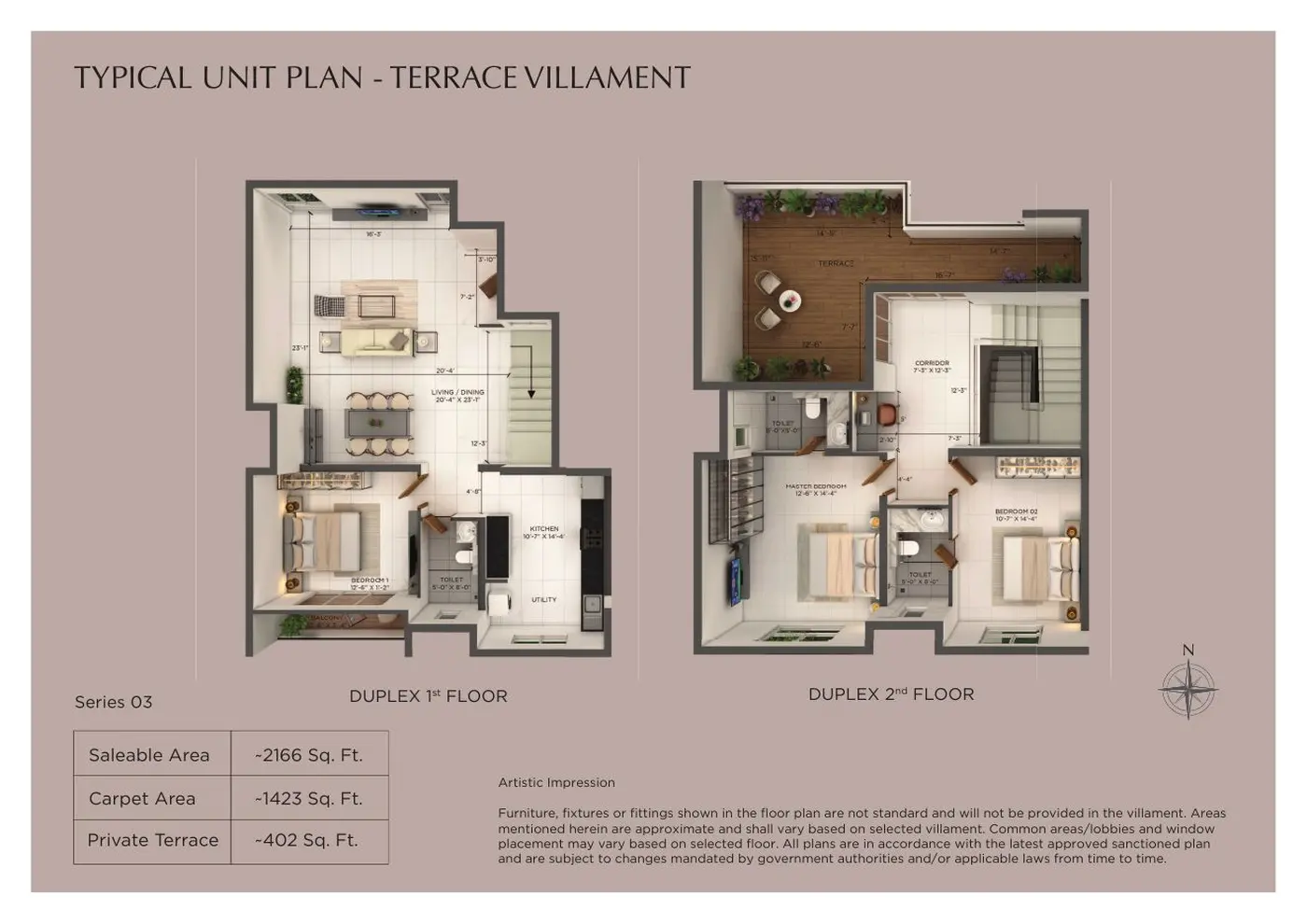 Type 1 terrace villament duplex unit plan, about 2,166 sq ft