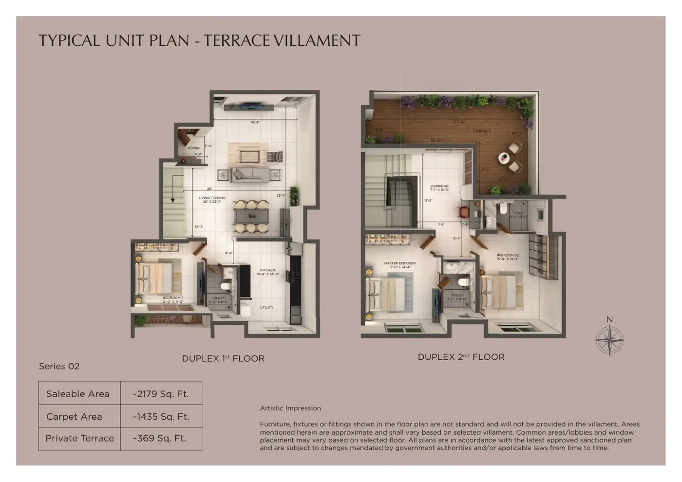 Type 1 terrace villament duplex unit plan, about 2,179 sq ft